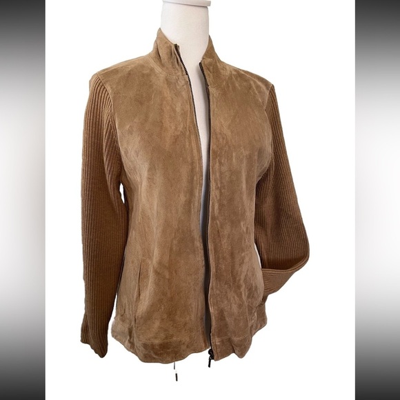 Pendleton Suede Front Wool Zip Up Sweater Jacket Petite Medium - Picture 1 of 6